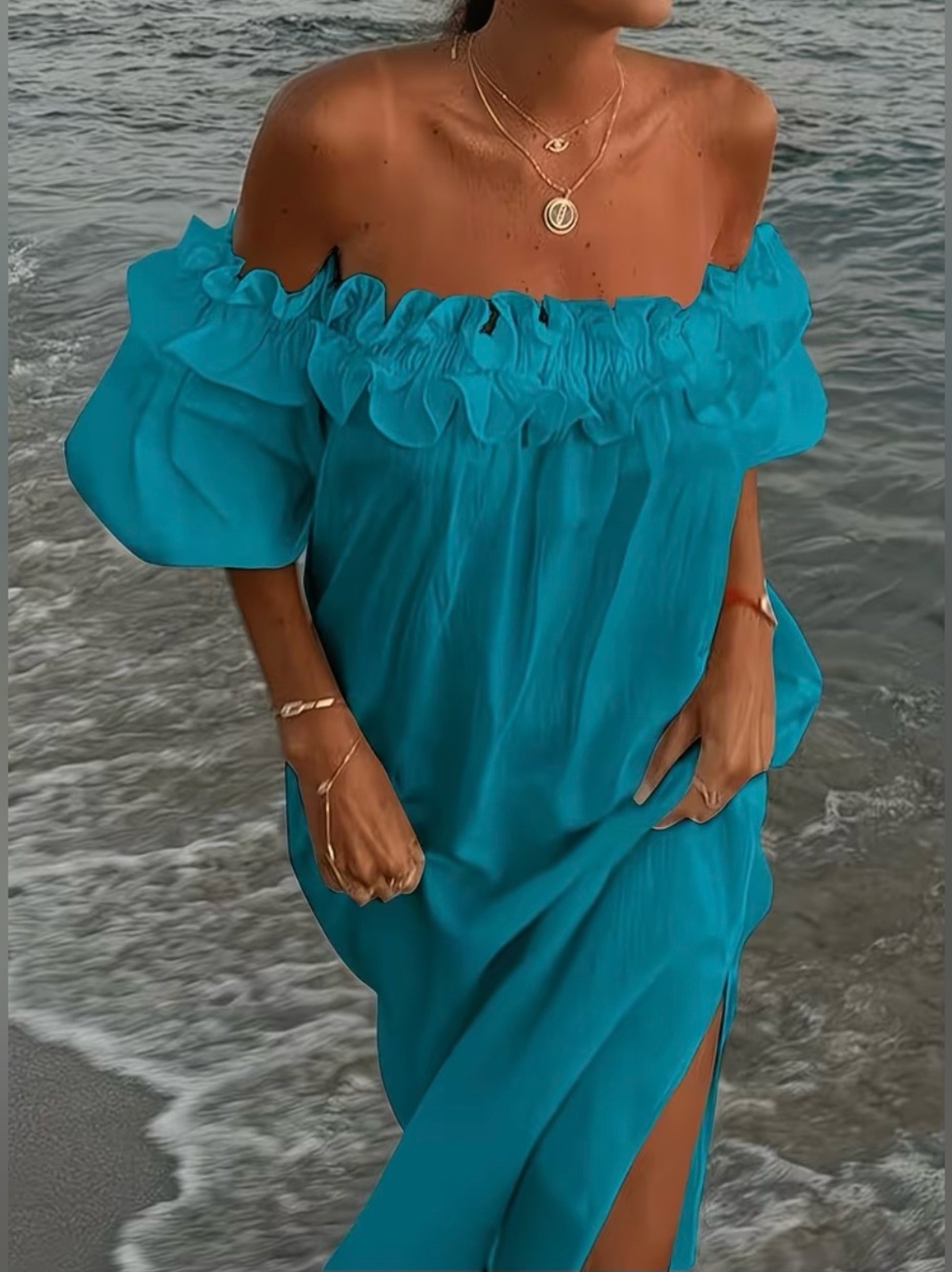 Turquoise Blue Off the Shoulder Maxi Dress Side Slit Puff Sleeves Large NWT